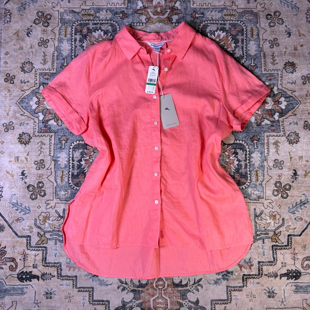 Tommy Bahama Coastalina 100% Linen Shirt Pink Resort Beach Boat Womens Large NWT
